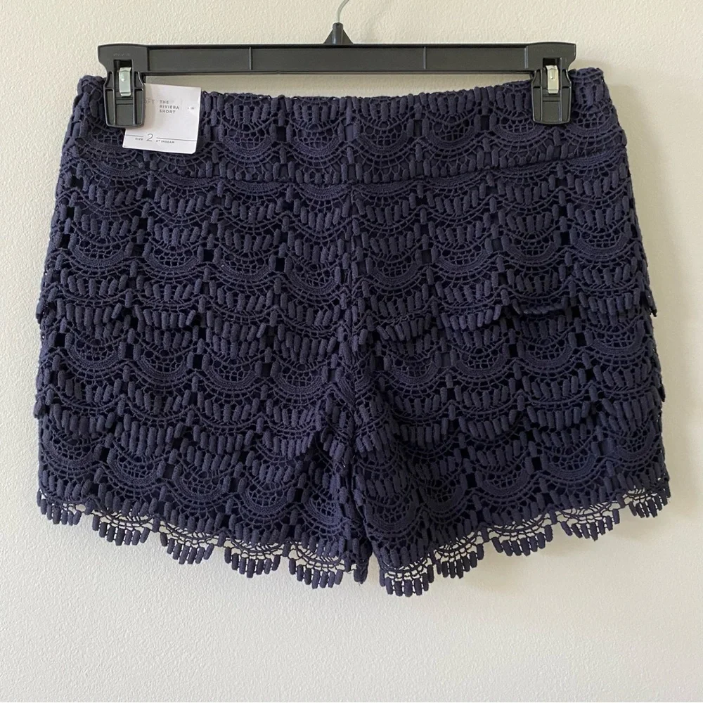 Ann Taylor LOFT The Riviera Shorts Crochet Tier Ruffles Navy Blue